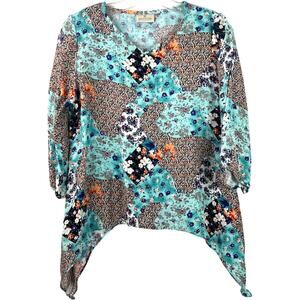 DEAKWANG Rayon Top Asymmetrical Hem Artsy Floral Patchwork Boho Whimsical Size L